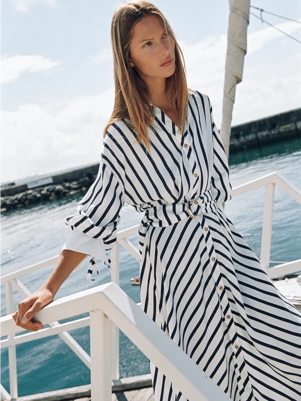ZARA BELTED STRIPED MIDI DRESS - Picture 1 of 9